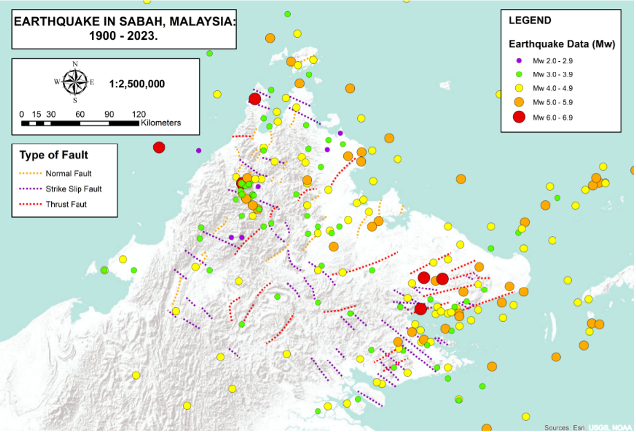 Plotted earthquake map and seismic sources in Sabah from earthquake catalog analysis. Image