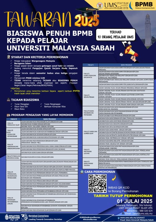 TAWARAN BIASISWA PENUH BPMB KEPADA PELAJAR UNIVERSITI MALAYSIA SABAH